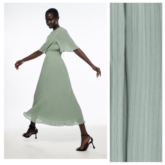 NWT. Zara Sea Green Pleated Midi Dress. Size S. - Picture 3 of 9